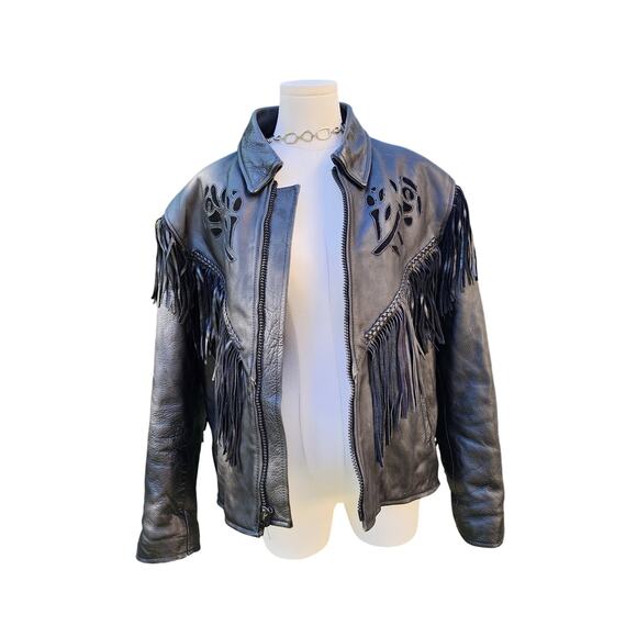 Vtg 90s Shaf Leather Fringe Biker Rose Punk Rock Motorcycle Gypsy Moto Jacket XL - Picture 4 of 7